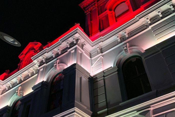 drum building lit up