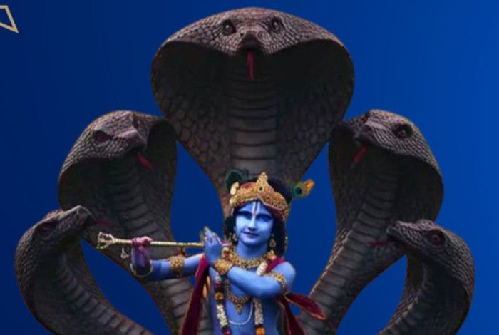Blue figure, snakes behind them